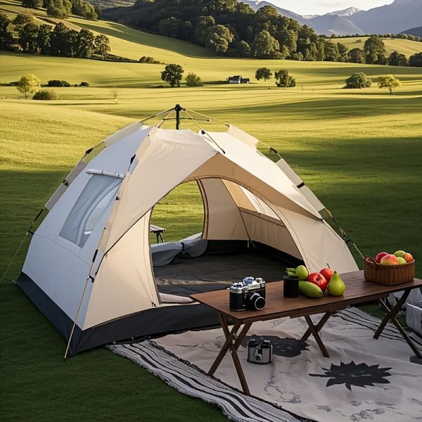 Automatic Instant Setup Camping Tent - 1-3/3-4 Person All-Season Tent with Dual Doors And Mesh Windows, Windproof Lightweight Green/Yellow Tent for Camping, Hiking, Hunting, Travel, Outdoor Shelter, Campers Additions